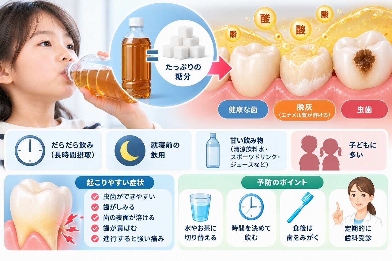 甘い飲み物のだらだら飲みによって脱灰や虫歯が起こるペットボトル症候群と予防法を示した図