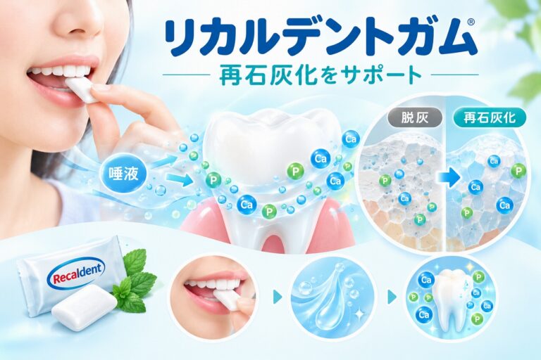 リカルデントガムのCPP-ACPがカルシウムとリンを歯に届け、脱灰したエナメル質の再石灰化をサポートするイラスト
