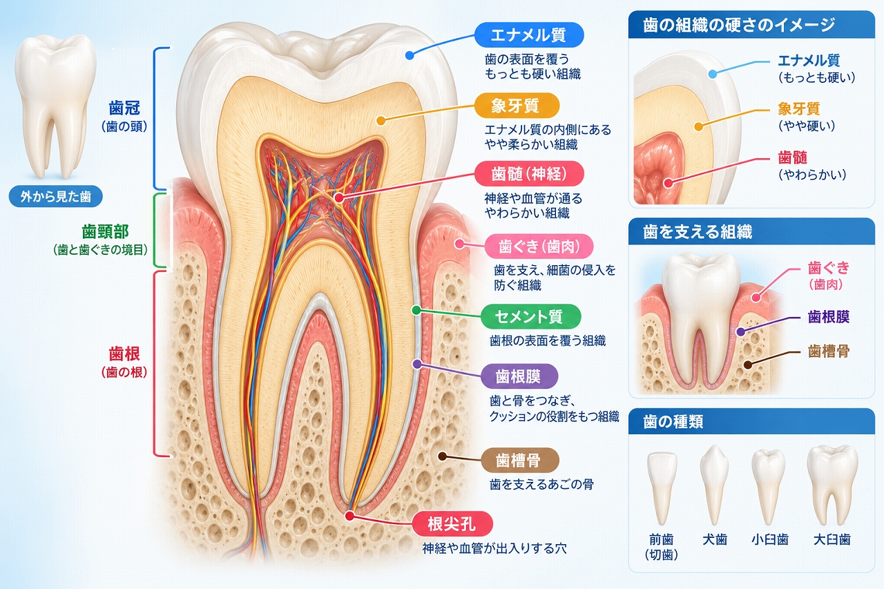 歯の断面からエナメル質・象牙質・歯髄・歯根膜・歯槽骨などの構造を示した図