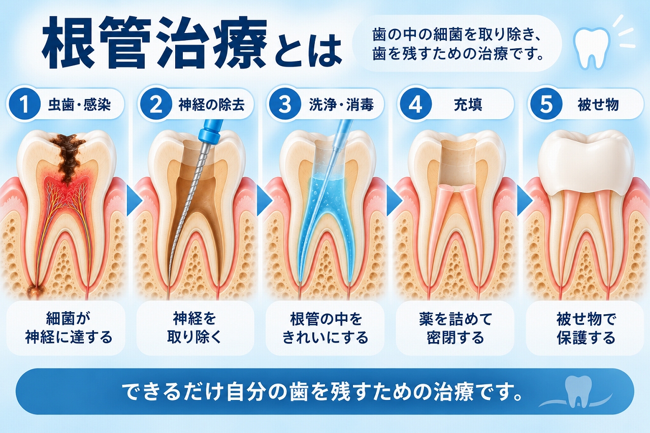 根管治療で感染した歯髄を取り除き、根管の洗浄・消毒・充填を行って被せ物を装着する流れを示した図