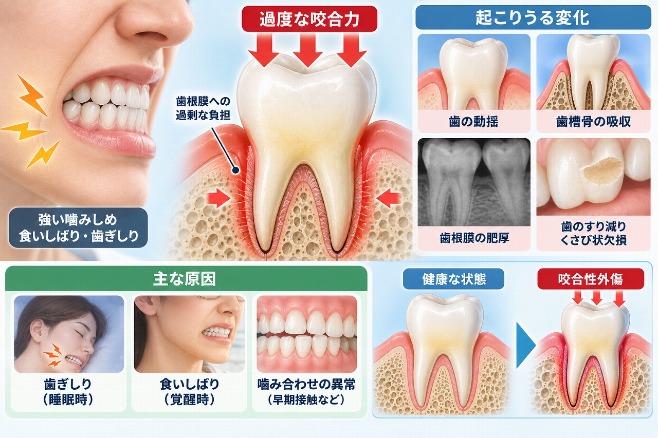 強い噛み合わせや歯ぎしり・食いしばりによって歯根膜や歯槽骨に負担がかかる咬合性外傷を示した図