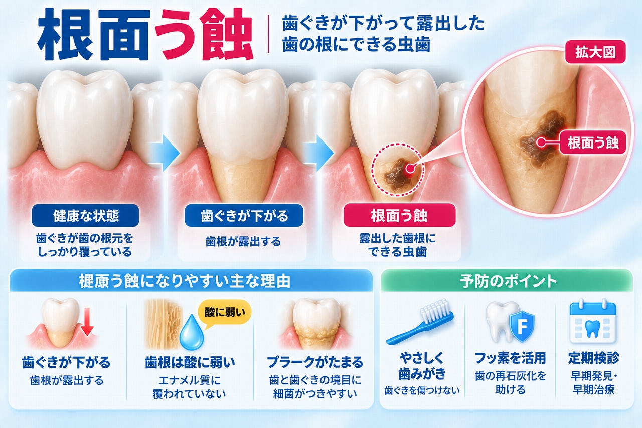 歯ぐきが下がって露出した歯根の表面に根面う蝕ができる様子と、歯根が酸に弱い理由や予防法を示した図