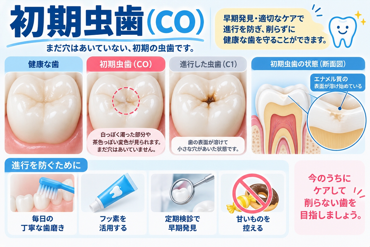 初期虫歯（CO）の状態と、脱灰・再石灰化、フッ素や歯磨きによる進行予防を示した図