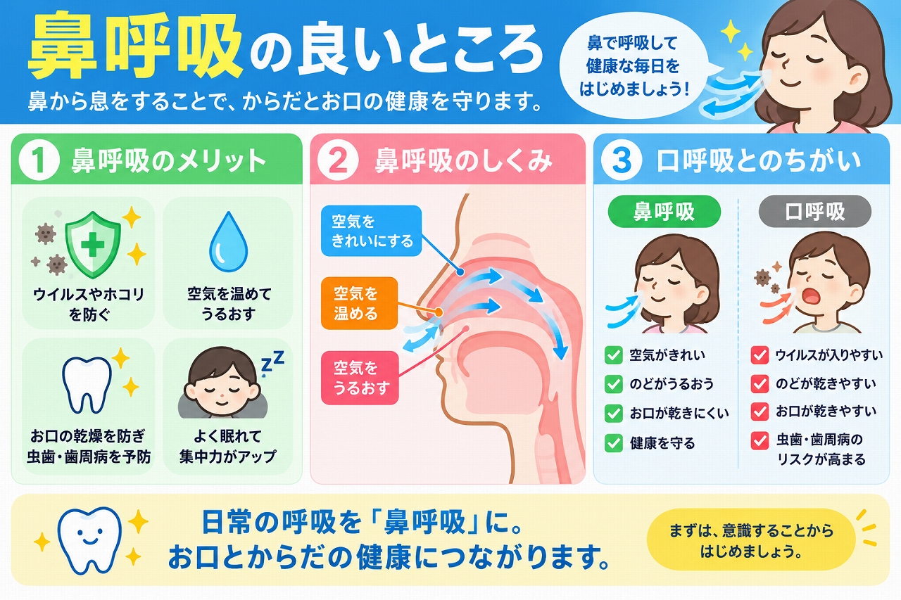 鼻呼吸の仕組みやメリットと、口呼吸との違いを示した図