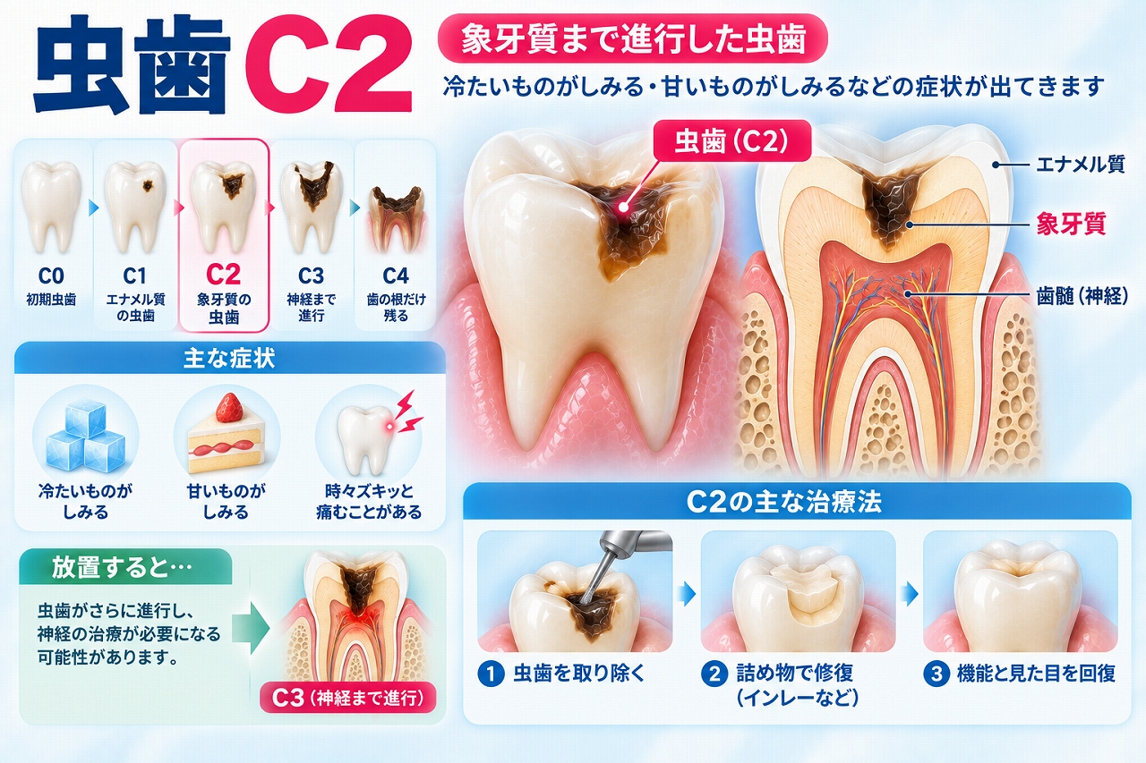 虫歯C2について、虫歯がエナメル質を越えて象牙質まで進行した状態と、冷たいものや甘いものがしみる症状、主な治療法を示した図