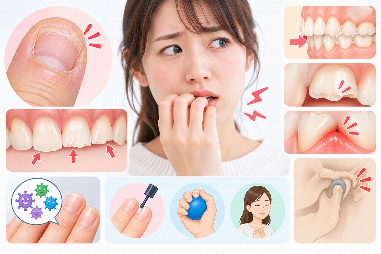 爪噛みによる歯の摩耗や欠け、噛み合わせ、歯ぐきや顎関節への影響を示した図