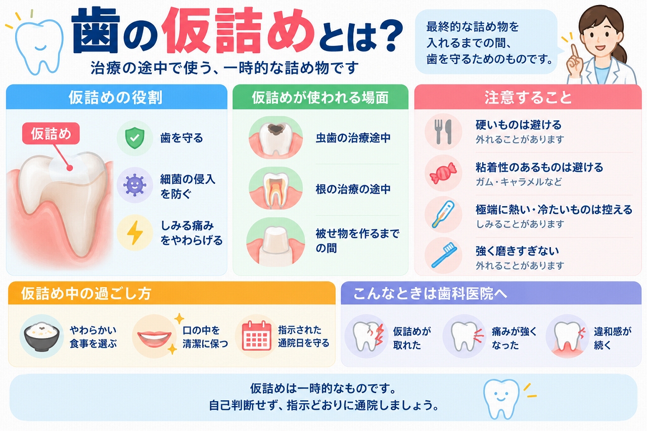 歯の仮詰めの役割や使用する場面、治療中の注意点を示した図