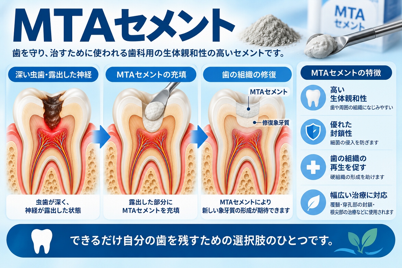 深い虫歯で露出した歯髄にMTAセメントを充填し、歯髄を保護して修復象牙質の形成を促す治療を示した図