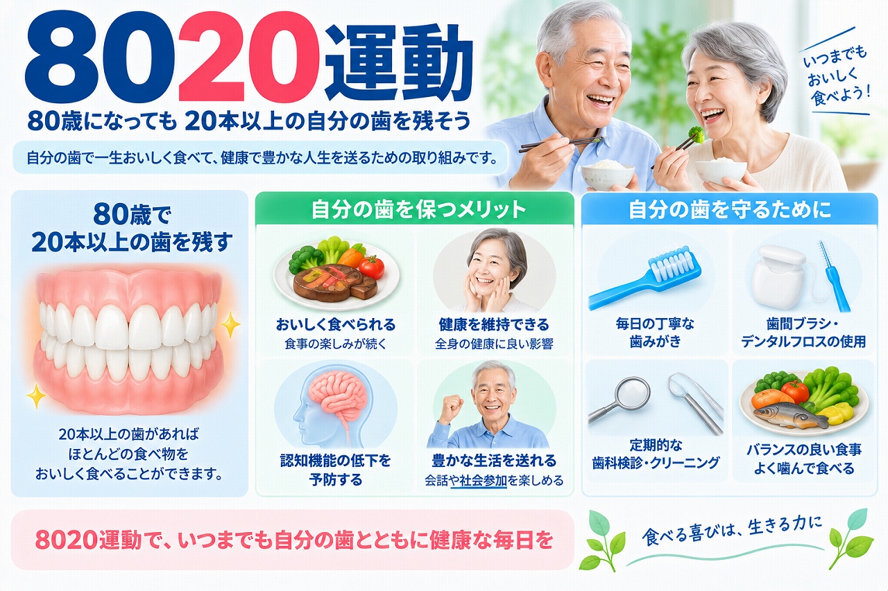 8020運動の「80歳で20本以上の自分の歯を残す」という目標と、歯を守るための予防方法を示した図