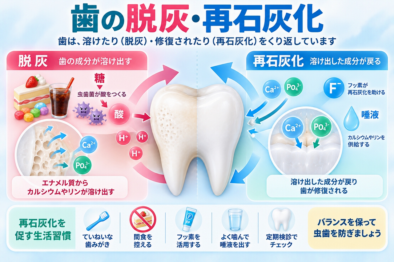 虫歯菌が作る酸によって歯からカルシウムやリンが溶け出す脱灰と、唾液やフッ素の働きで歯の成分が戻る再石灰化を示した図