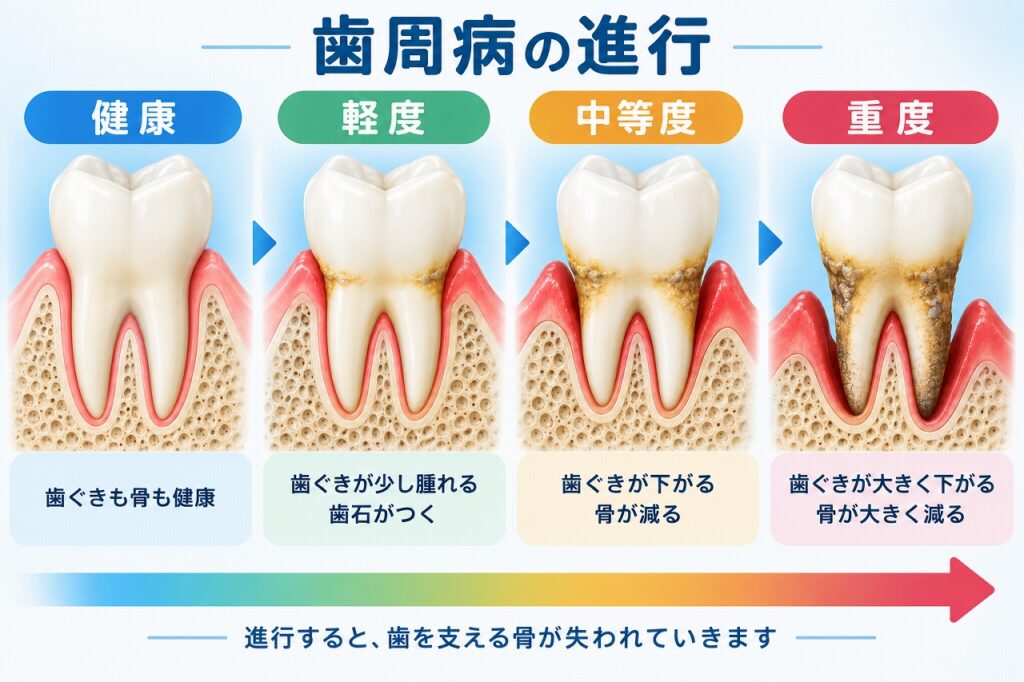 歯周病の進行段階｜健康・軽度・中等度・重度の比較イラスト