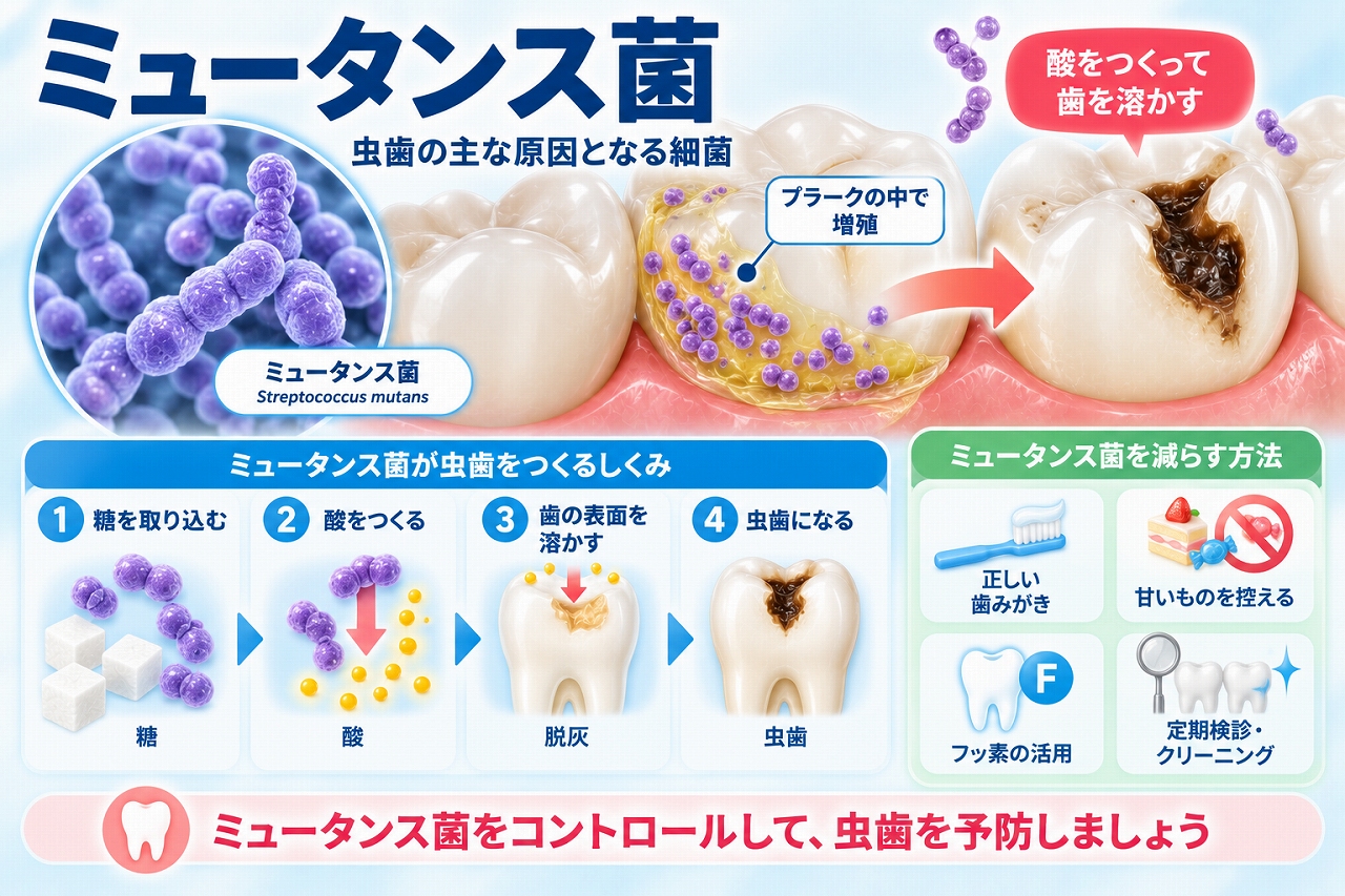ミュータンス菌が糖を利用して酸をつくり、歯の表面を脱灰させて虫歯ができる仕組みと予防法を示した図