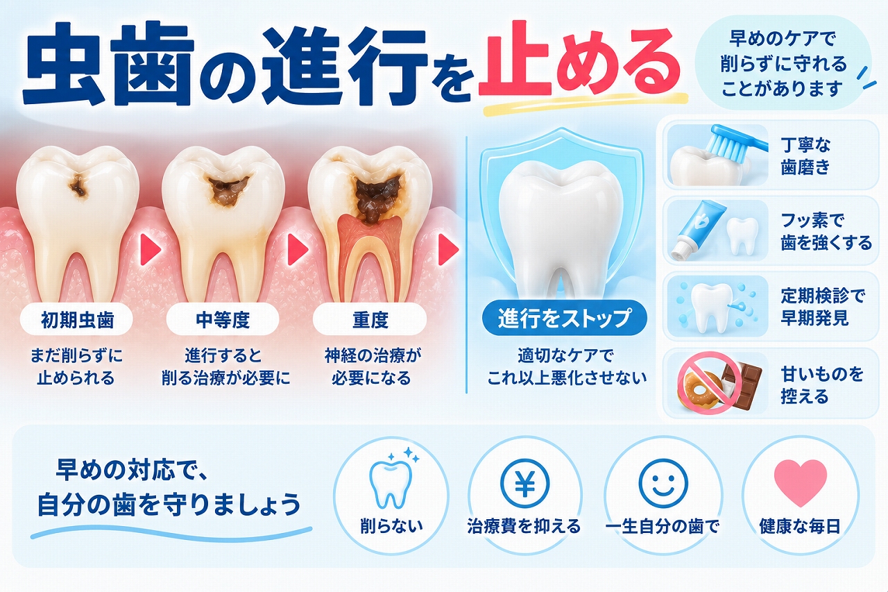 初期虫歯の進行を止めるための歯磨き・フッ素・定期検診などの方法と、虫歯の進行段階を示した図