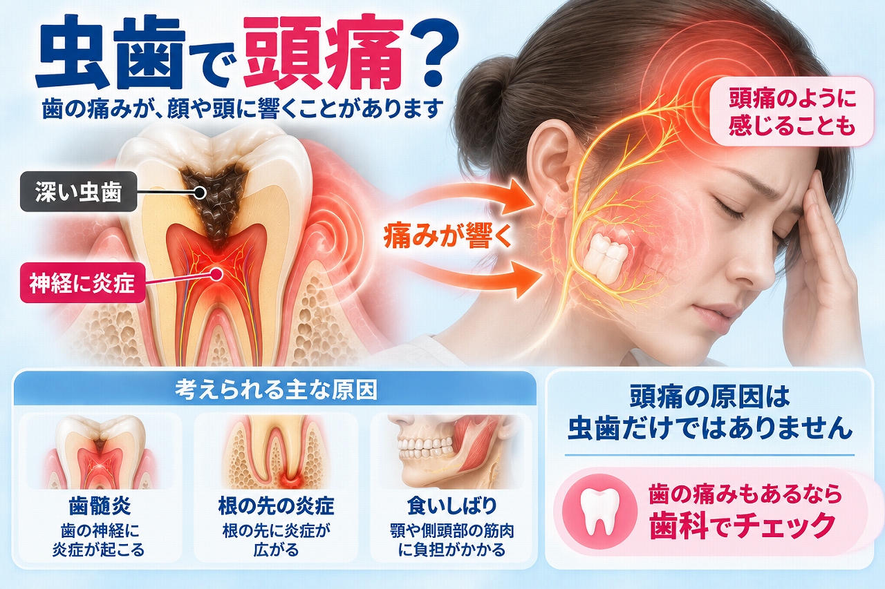 深い虫歯や歯髄炎による歯の痛みが顎や顔、こめかみに響き、頭痛のように感じることがある仕組みを示した図