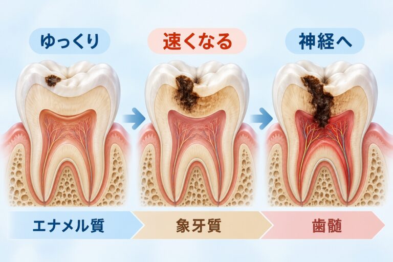 虫歯の進行速度｜象牙質に達すると進行が速くなる