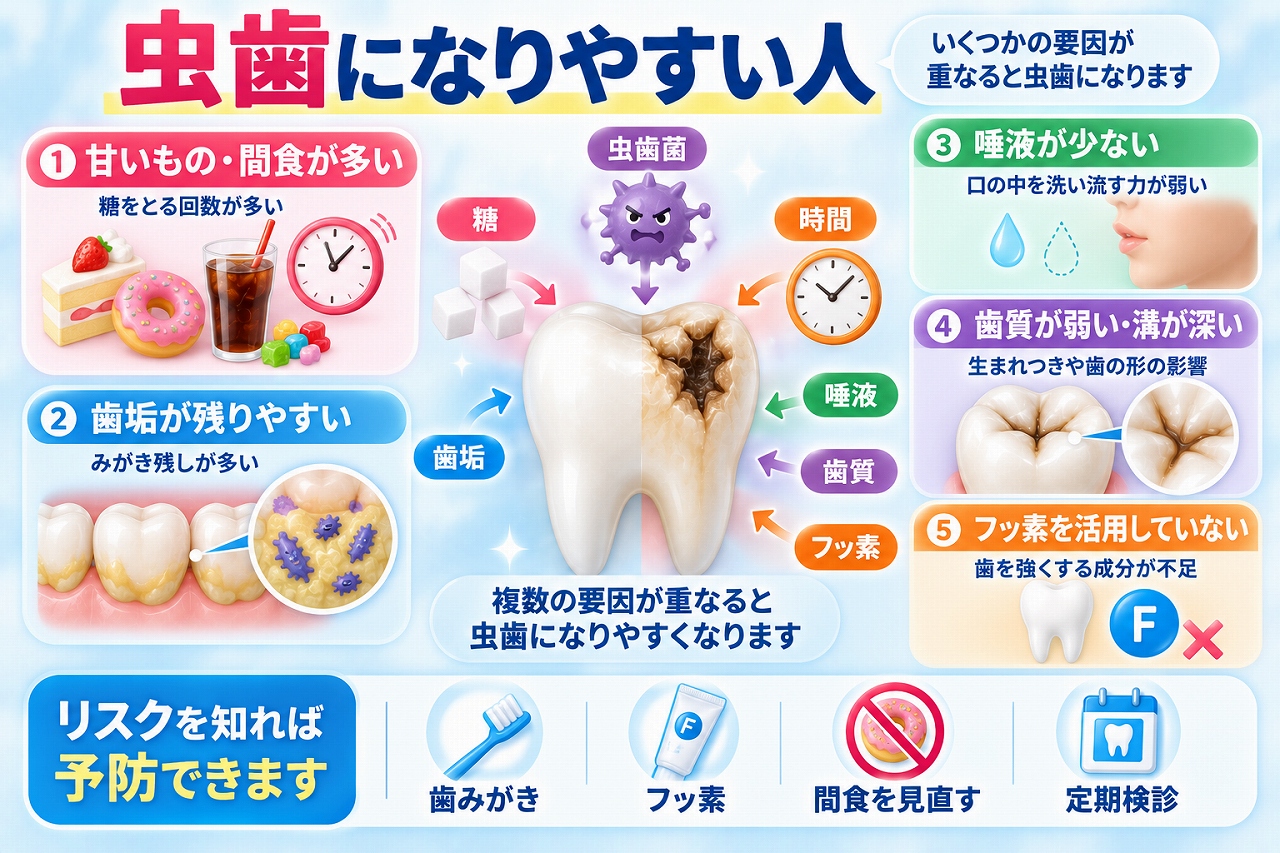 虫歯になりやすい人の特徴として、間食の多さ、歯垢、唾液の少なさ、深い歯の溝、フッ素不足などのリスク要因を示した図