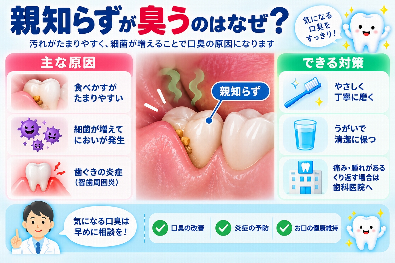 親知らずが臭う原因について、親知らず周囲に食べかすや細菌がたまり、歯ぐきの炎症や口臭につながる様子と対策を示した図
