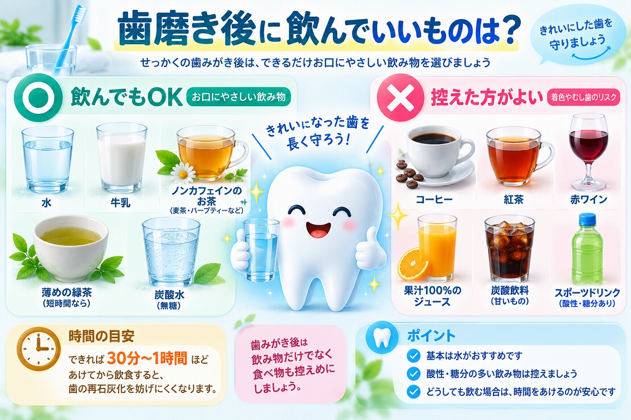 歯磨き後に飲んでいいものについて、水などのおすすめの飲み物と、糖分や酸を含む飲み物など控えたいもの、飲食までの時間の目安を示した図