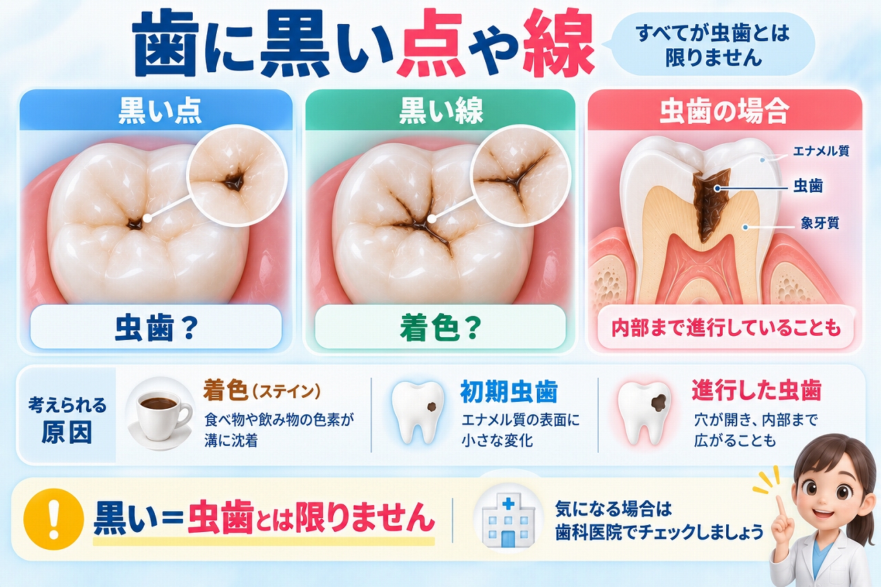 歯に見られる黒い点や黒い線について、着色・初期虫歯・進行した虫歯などの違いを比較した図
