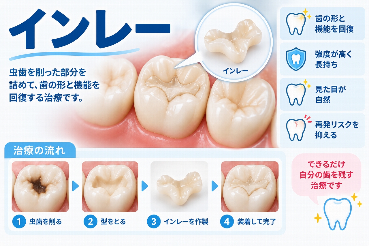 インレーで虫歯を削った部分を補う仕組みと、形成・型取り・製作・装着までの治療の流れを示した図
