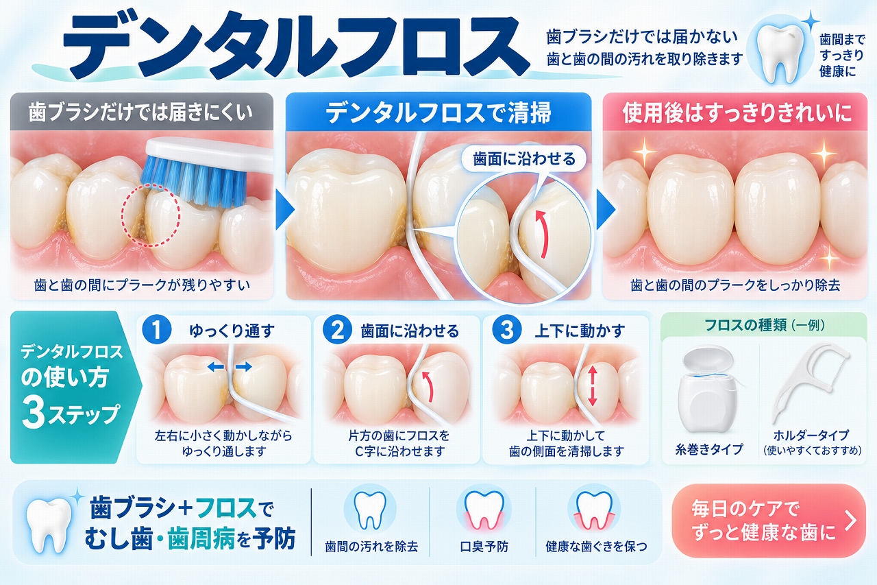デンタルフロスを歯と歯の間に通し、歯面にC字型に沿わせて上下に動かし、歯ブラシでは届きにくい歯間のプラークを除去する方法を示した図