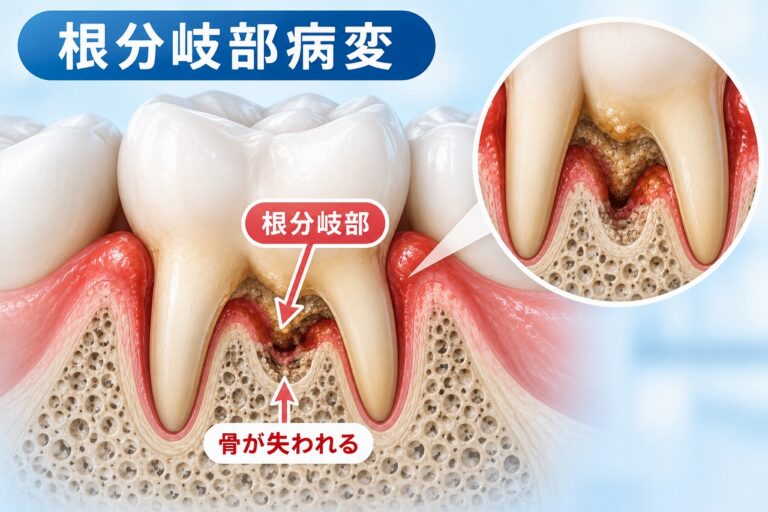 根分岐部病変｜歯周病による奥歯の骨吸収のイラスト