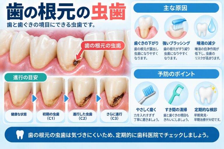 歯の根元の虫歯（根面う蝕）｜歯ぐきが下がると注意