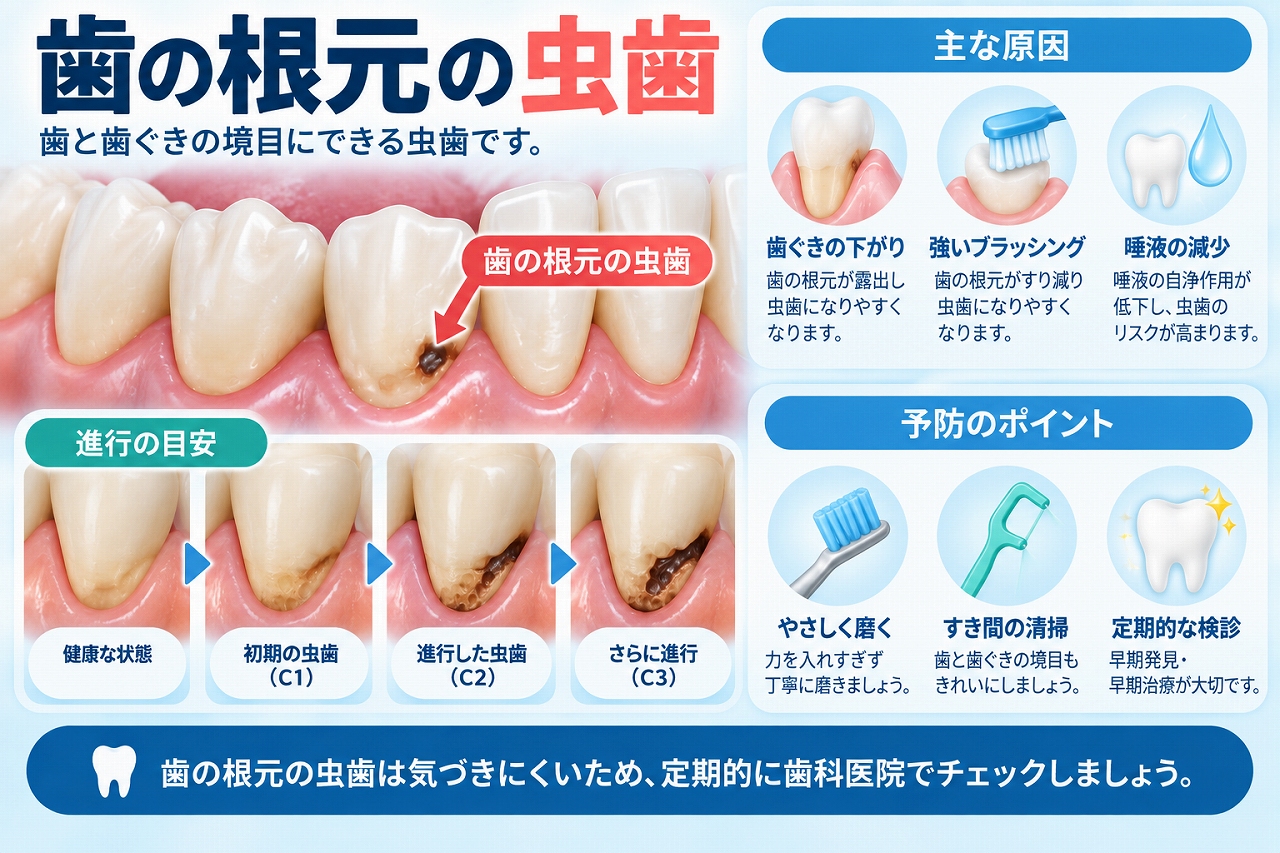 歯ぐきが下がって露出した歯の根元に虫歯ができ、根面う蝕が進行していく様子と主な原因・予防法を示した図