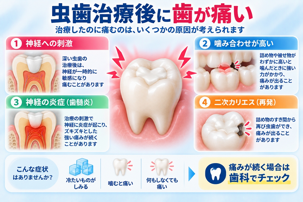 虫歯治療後に歯が痛む原因として、神経への刺激、噛み合わせの高さ、歯髄炎、二次カリエスと主な症状を示した図