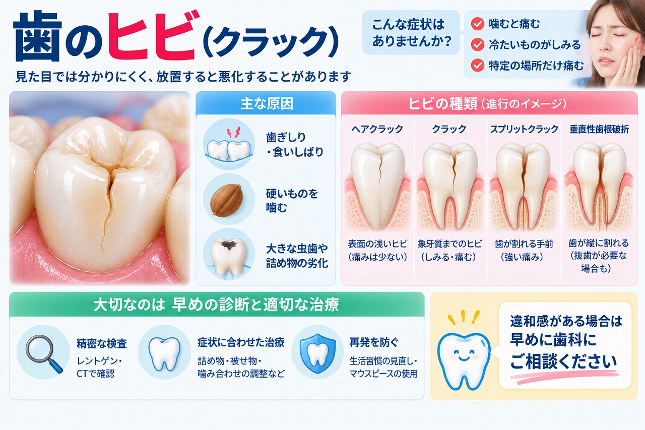 歯のヒビ（クラック）の種類と、噛むと痛い・歯がしみるなどの症状や原因を示した図