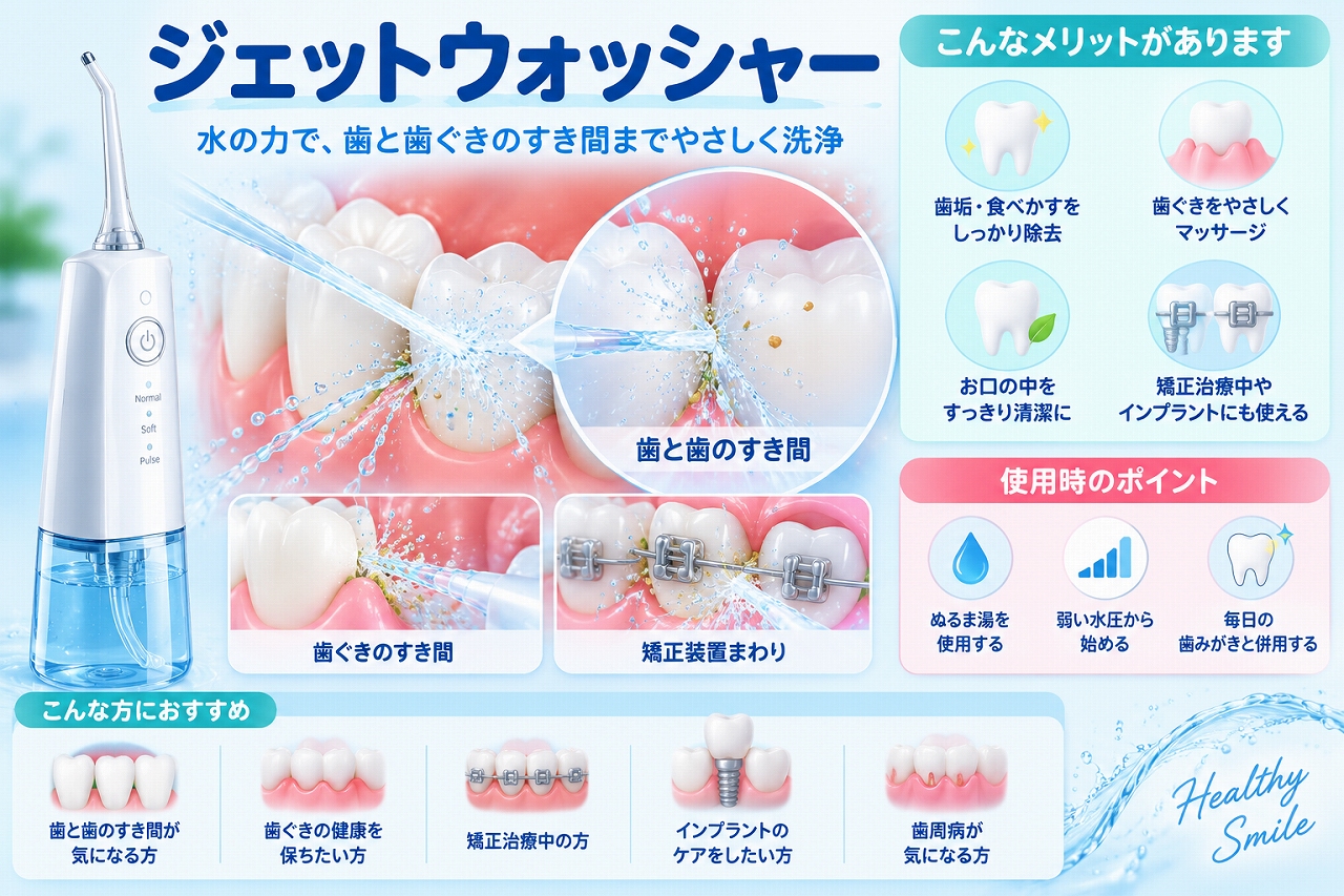 ジェットウォッシャーの水流で歯と歯の間や歯ぐき周り、矯正装置やインプラント周囲を洗浄する使い方と特徴を示した図