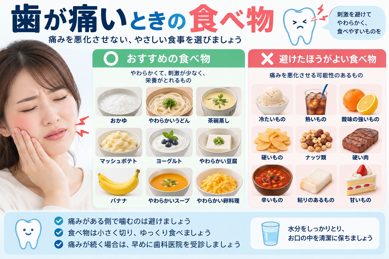 歯が痛いときにおすすめのやわらかい食べ物と避けたい食べ物を比較した図