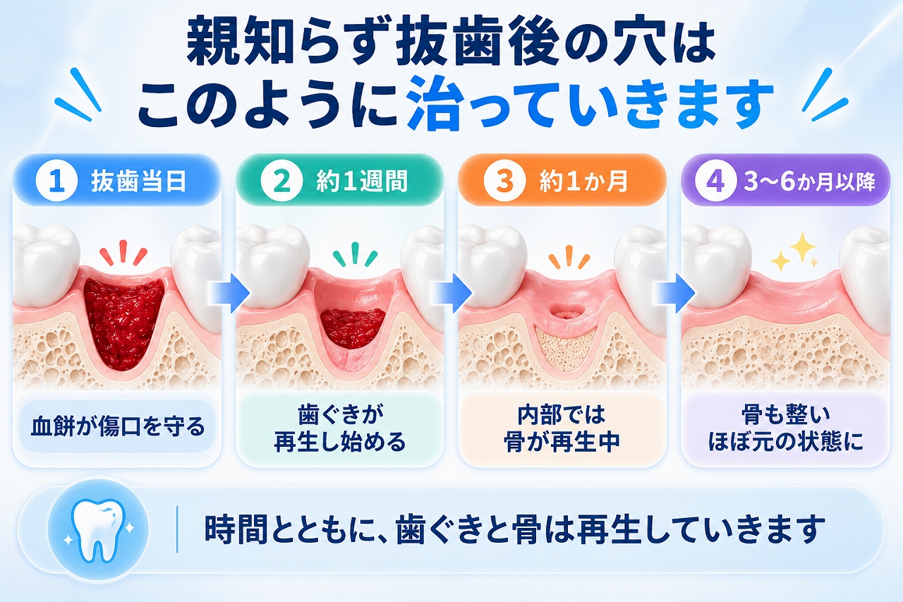親知らず抜歯後の穴が血餅形成から歯ぐき・骨の再生へと治っていく経過を示したイラスト