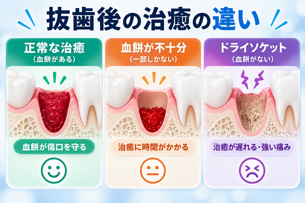 抜歯後の正常な治癒、血餅が不十分な状態、ドライソケットの違いを比較したイラスト