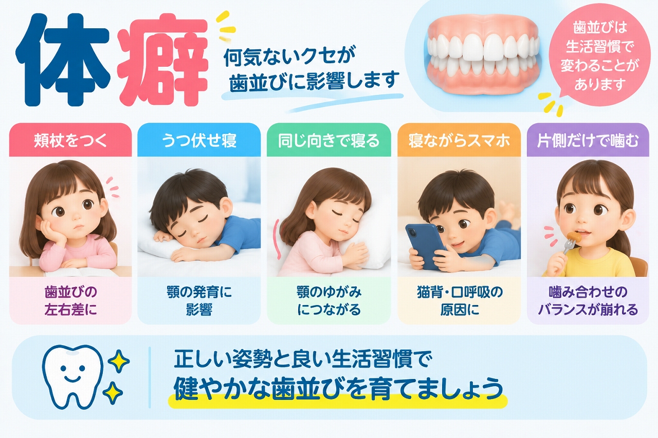子どもの頬杖・うつ伏せ寝・いつも同じ向きで寝る・寝ながらスマホを見る・片側だけで噛むなどの体癖と、歯並びや顎の成長への影響を示したイラスト