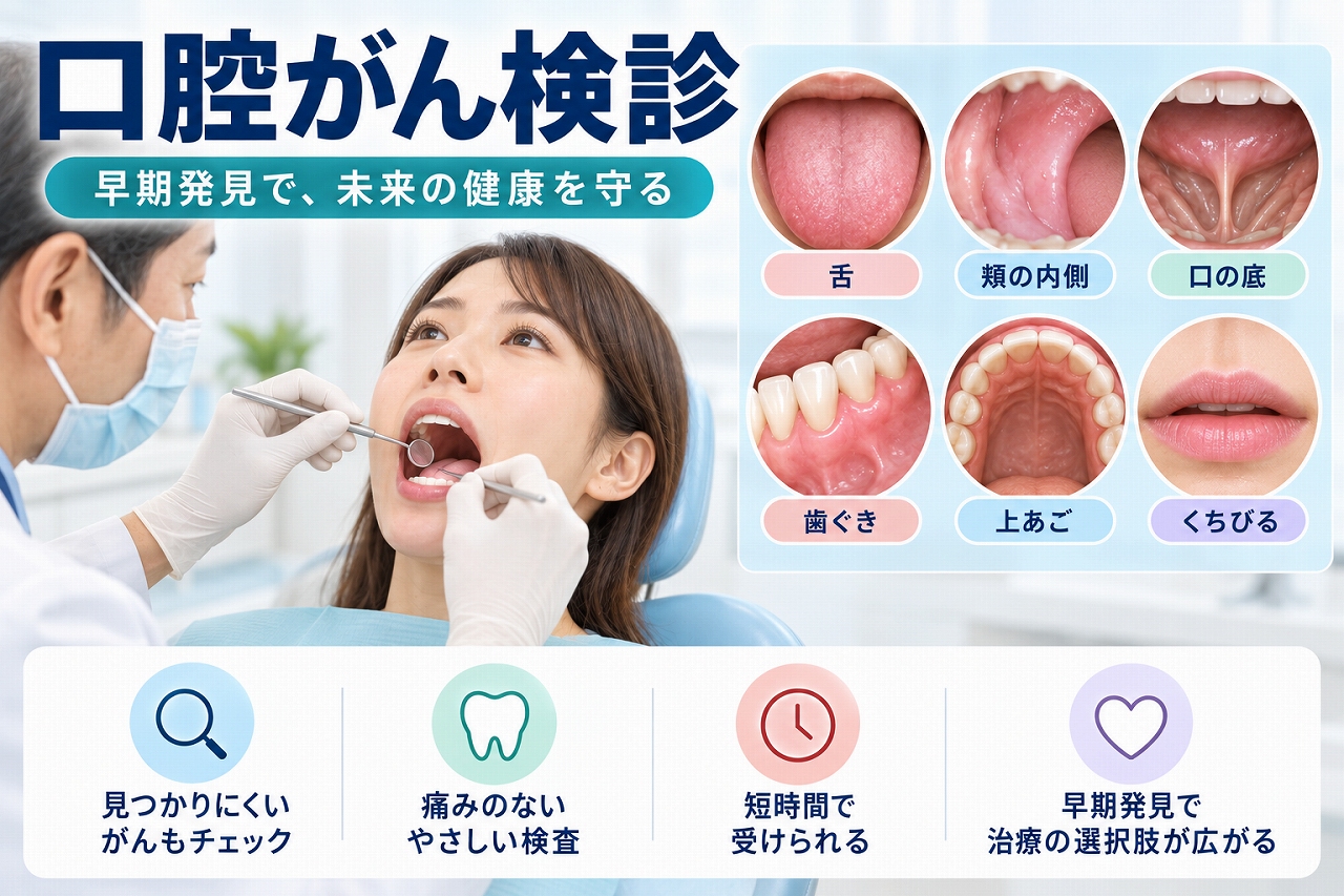 口腔がん検診で舌・頬の内側・口底・歯ぐき・上あご・くちびるなど口腔内を確認する様子を示したイラスト