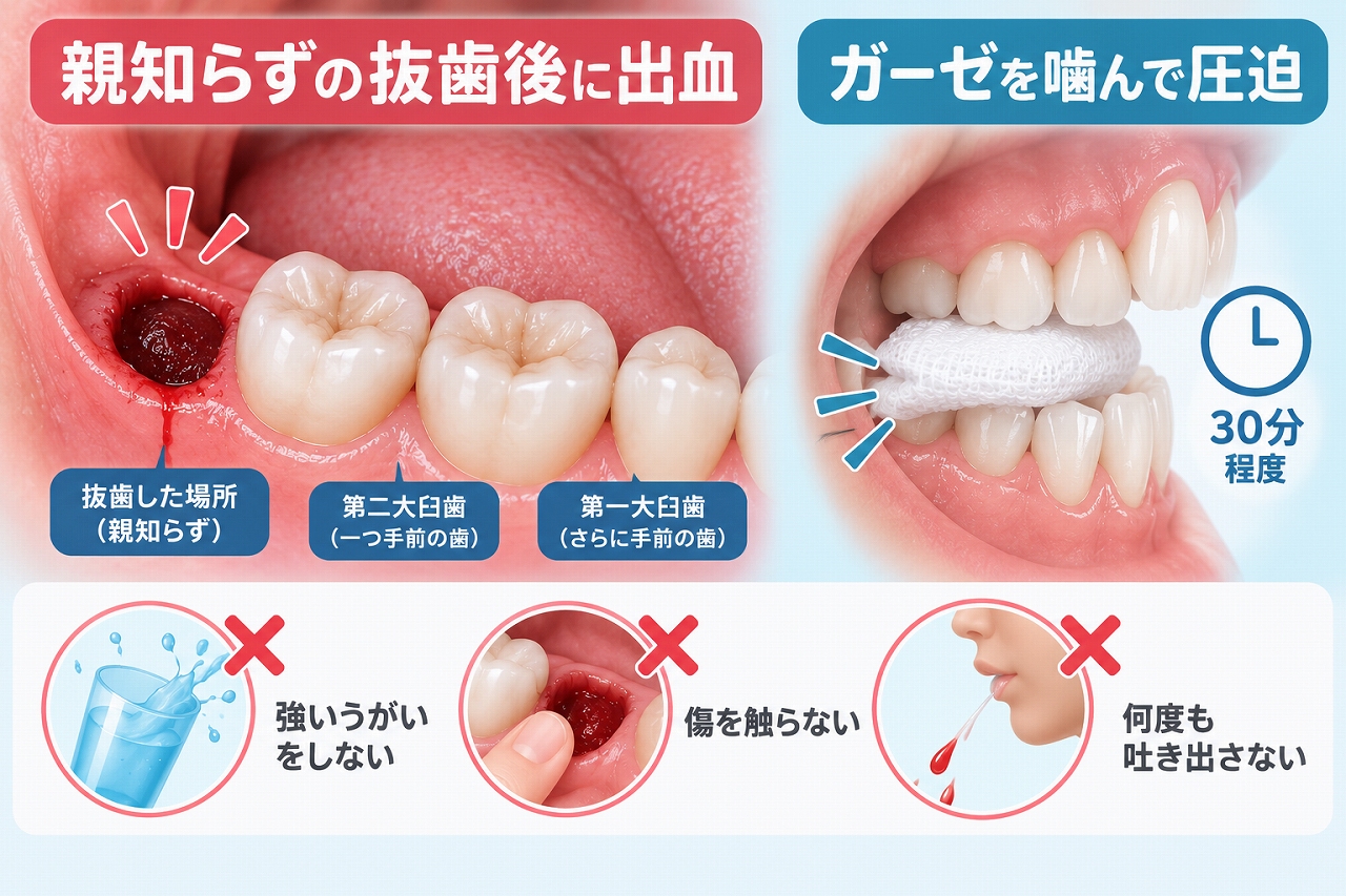親知らずの抜歯後に血が止まらないときに、ガーゼを噛んで圧迫止血する方法を示したイラスト