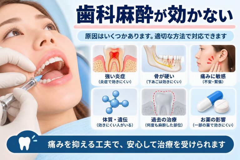 歯科麻酔が効かない場合に考えられる強い炎症や骨の厚さ、緊張などの原因を示した歯科イラスト