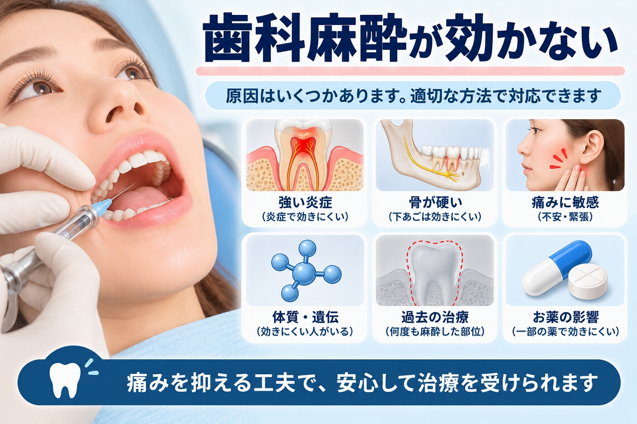 歯科麻酔が効かない場合に考えられる強い炎症や骨の厚さ、緊張などの原因を示した歯科イラスト