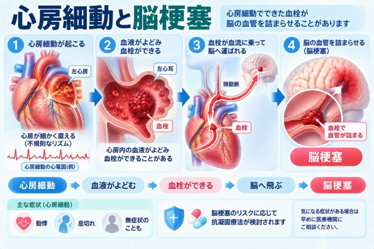 心房細動と脳梗塞の関係｜血栓が脳へ飛ぶ仕組み
