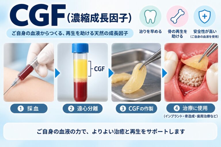 CGF（濃縮成長因子）を患者自身の血液から作製し、インプラントや骨造成などの歯科治療に使用する流れを示したイラスト