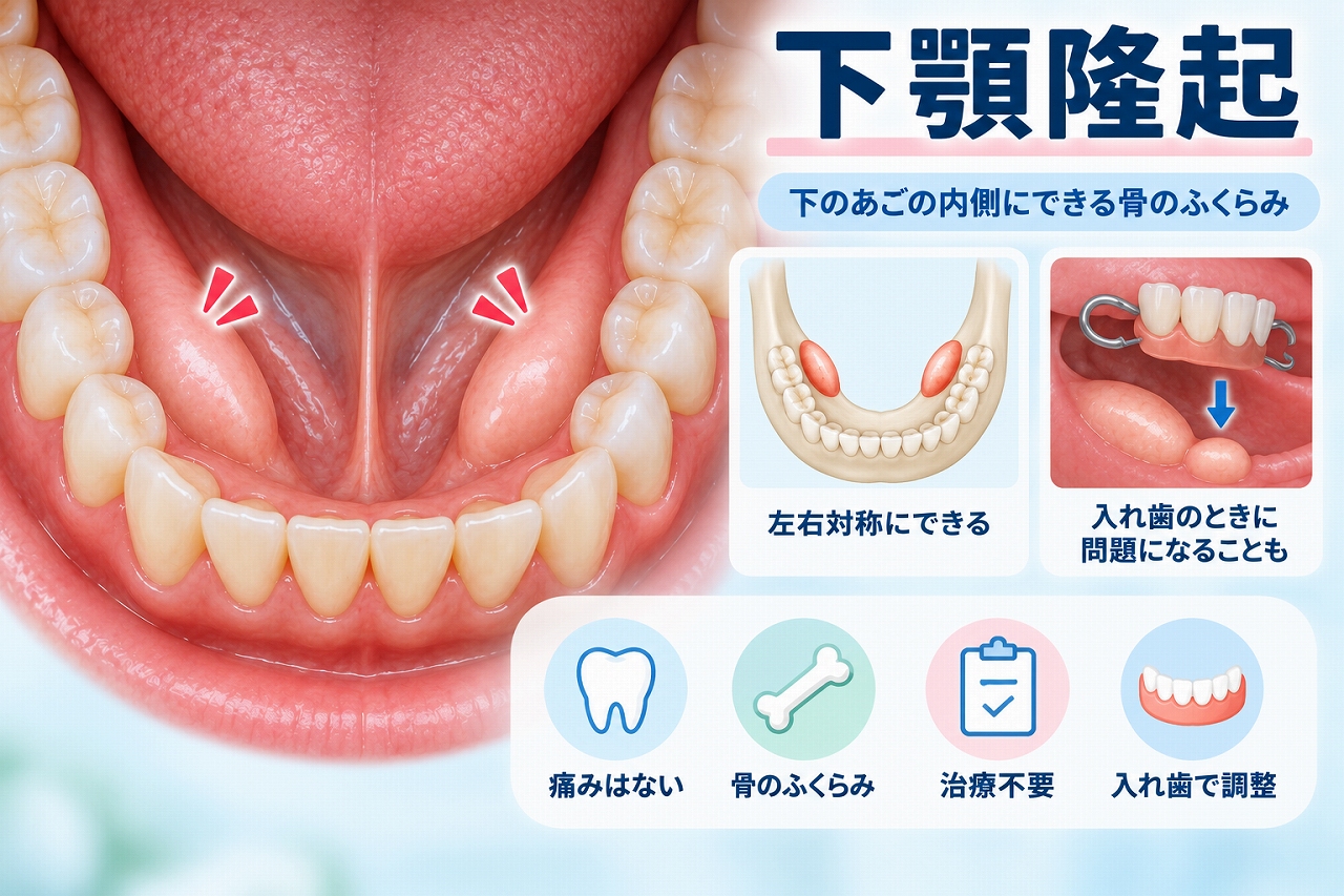 下顎隆起によって下あごの内側に左右対称の硬い骨のふくらみができた状態を示した歯科イラスト