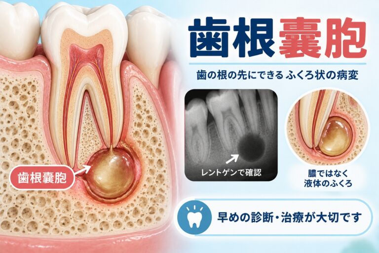 歯根嚢胞が歯根の先にできた状態と、顎の骨の中に広がる袋状の病変、レントゲンでの見え方を示した歯科イラスト