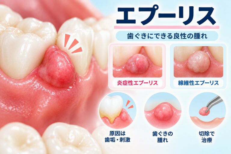 歯ぐきにできるエプーリスの特徴と、炎症性・線維性の違いを示した歯科イラスト