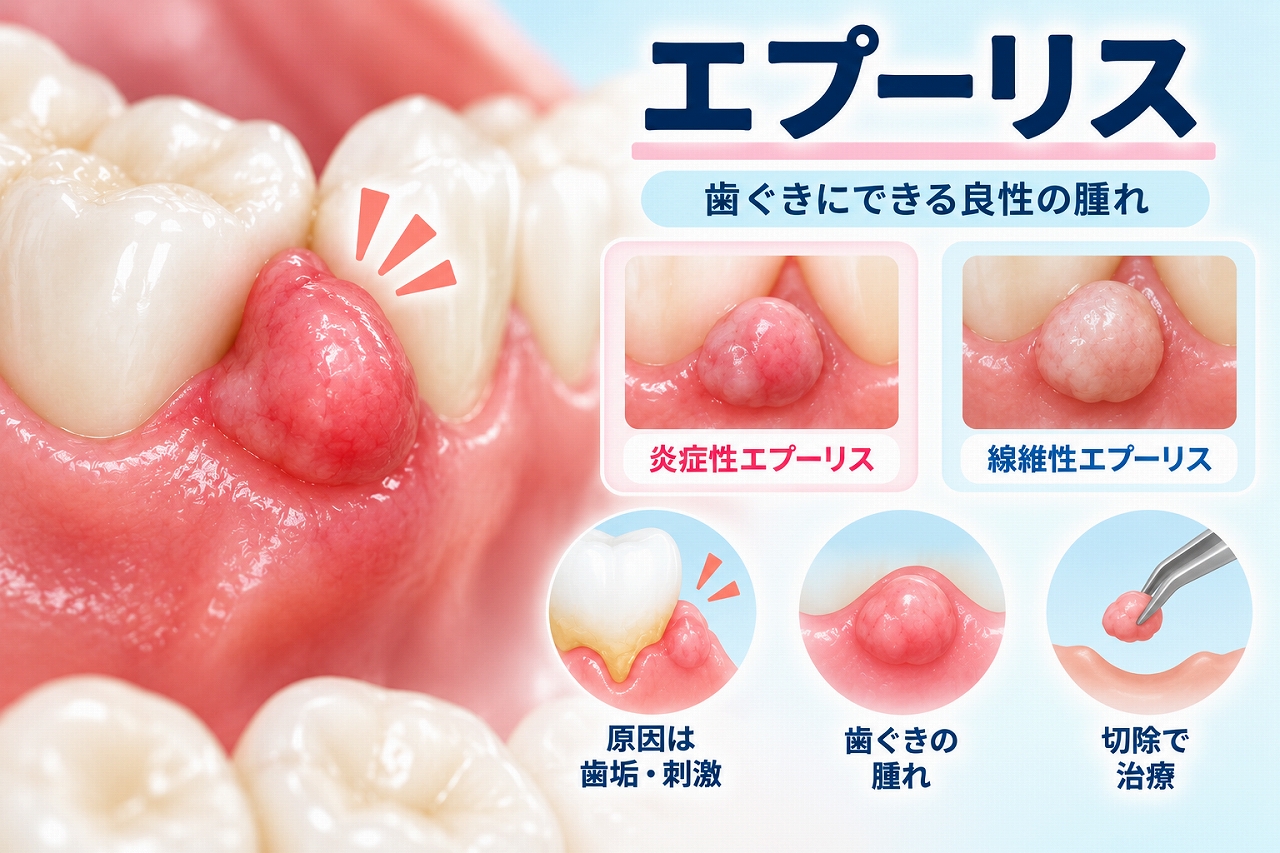 歯ぐきにできるエプーリスの特徴と、炎症性・線維性の違いを示した歯科イラスト