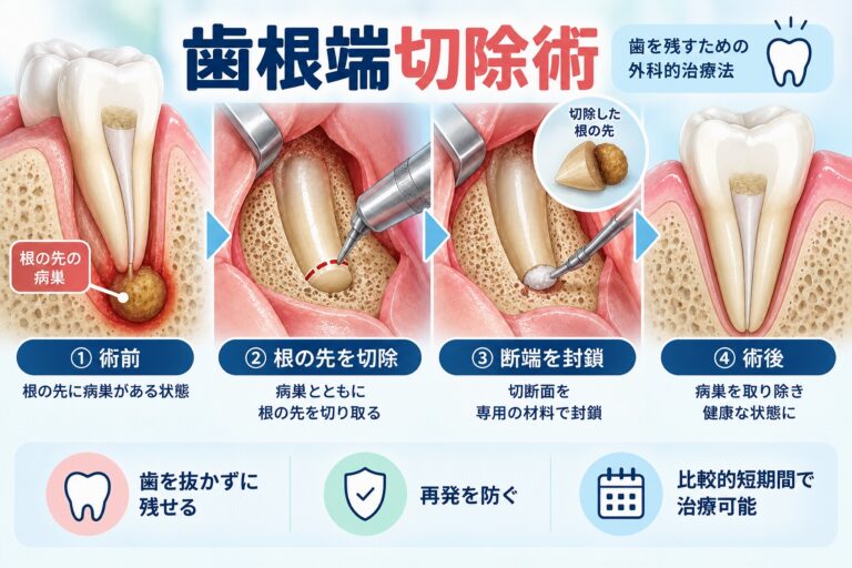 歯根端切除術で歯根の先にある病巣と根の先端を切除し、切断面を封鎖して歯を保存する治療の流れを示したイラスト