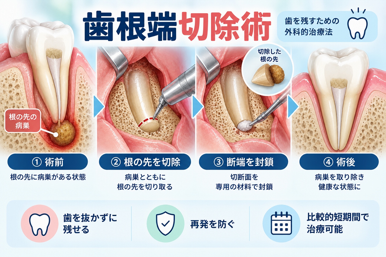 歯根端切除術で歯根の先にある病巣と根の先端を切除し、切断面を封鎖して歯を保存する治療の流れを示したイラスト