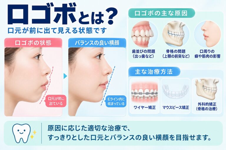 口ゴボについて、口元が前方へ突出した横顔とバランスのよい横顔を比較し、歯並びや骨格などの原因と矯正治療を示した歯科イラスト