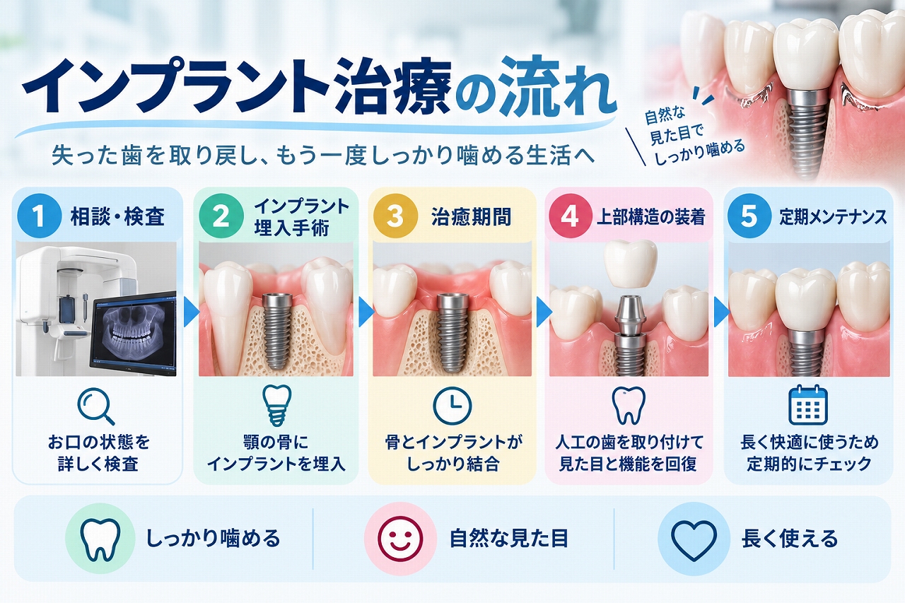 インプラント治療の流れについて、相談・検査、インプラント埋入手術、治癒期間、上部構造の装着、定期メンテナンスまでを順番に示した歯科イラスト