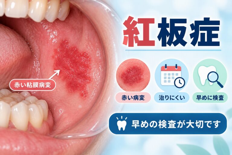 紅板症による口腔粘膜の鮮やかな赤い病変と、治りにくい場合に早めの検査が重要であることを示した歯科イラスト